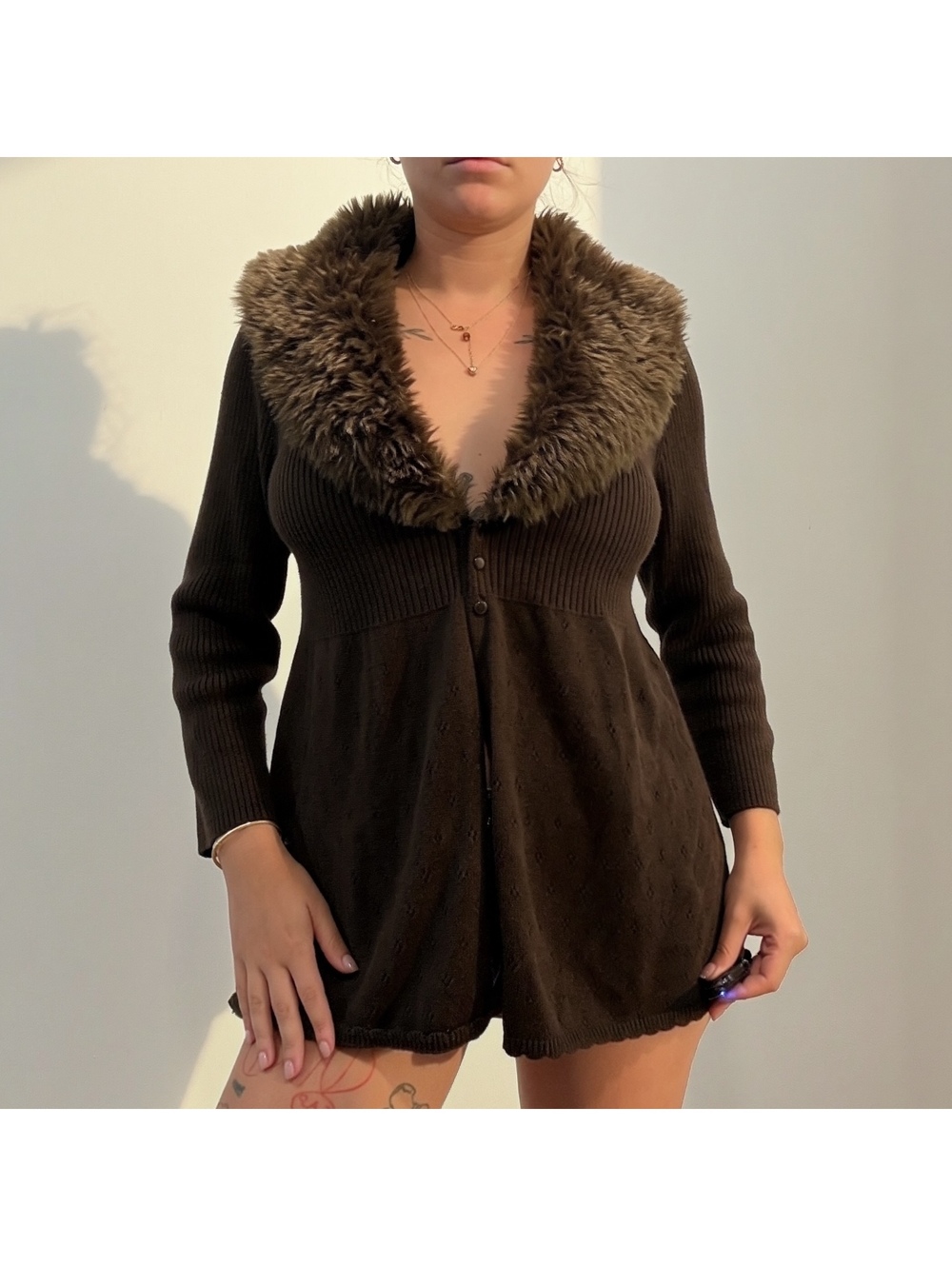 DKNY Jeans Brown Faux Fur Collar Cardigan